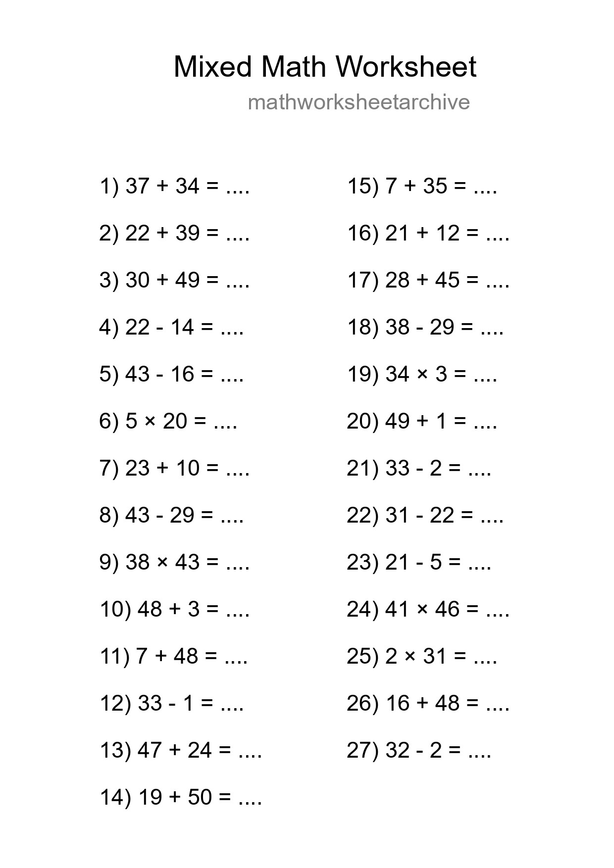 Mixed Operations Math Worksheet