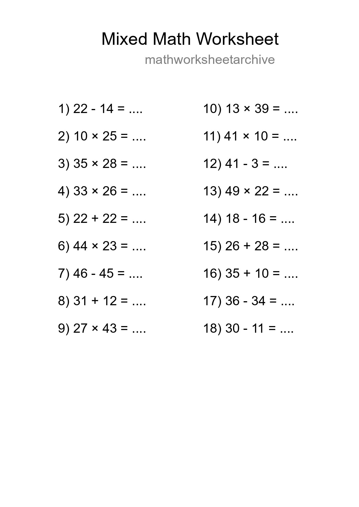 Mixed Operations Math Worksheet
