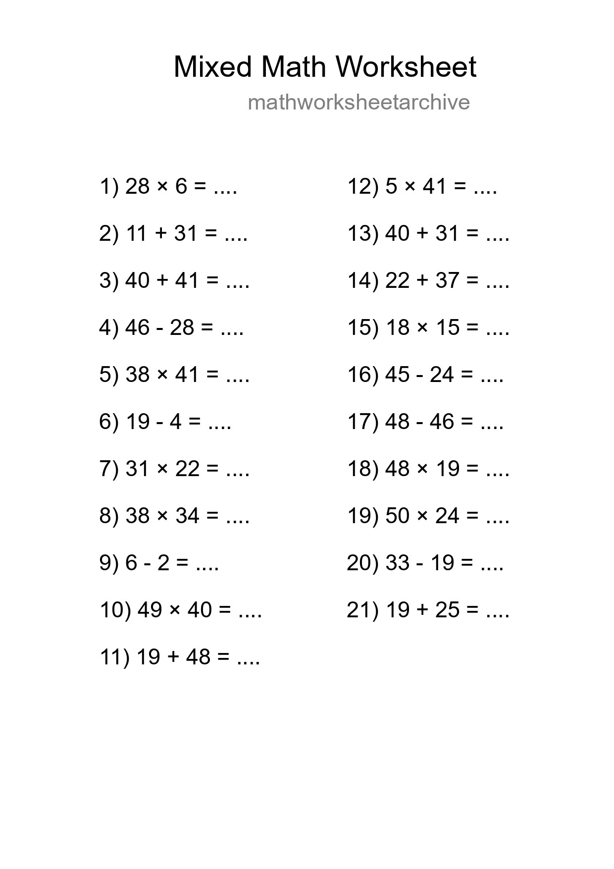 Mixed Operations Math Worksheet