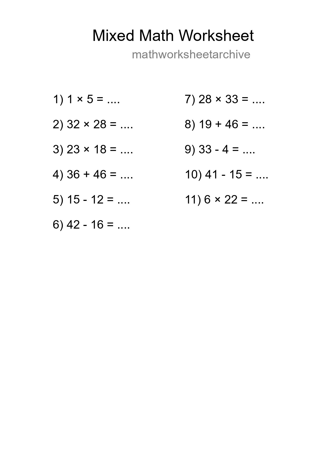 Mixed Operations Math Worksheet