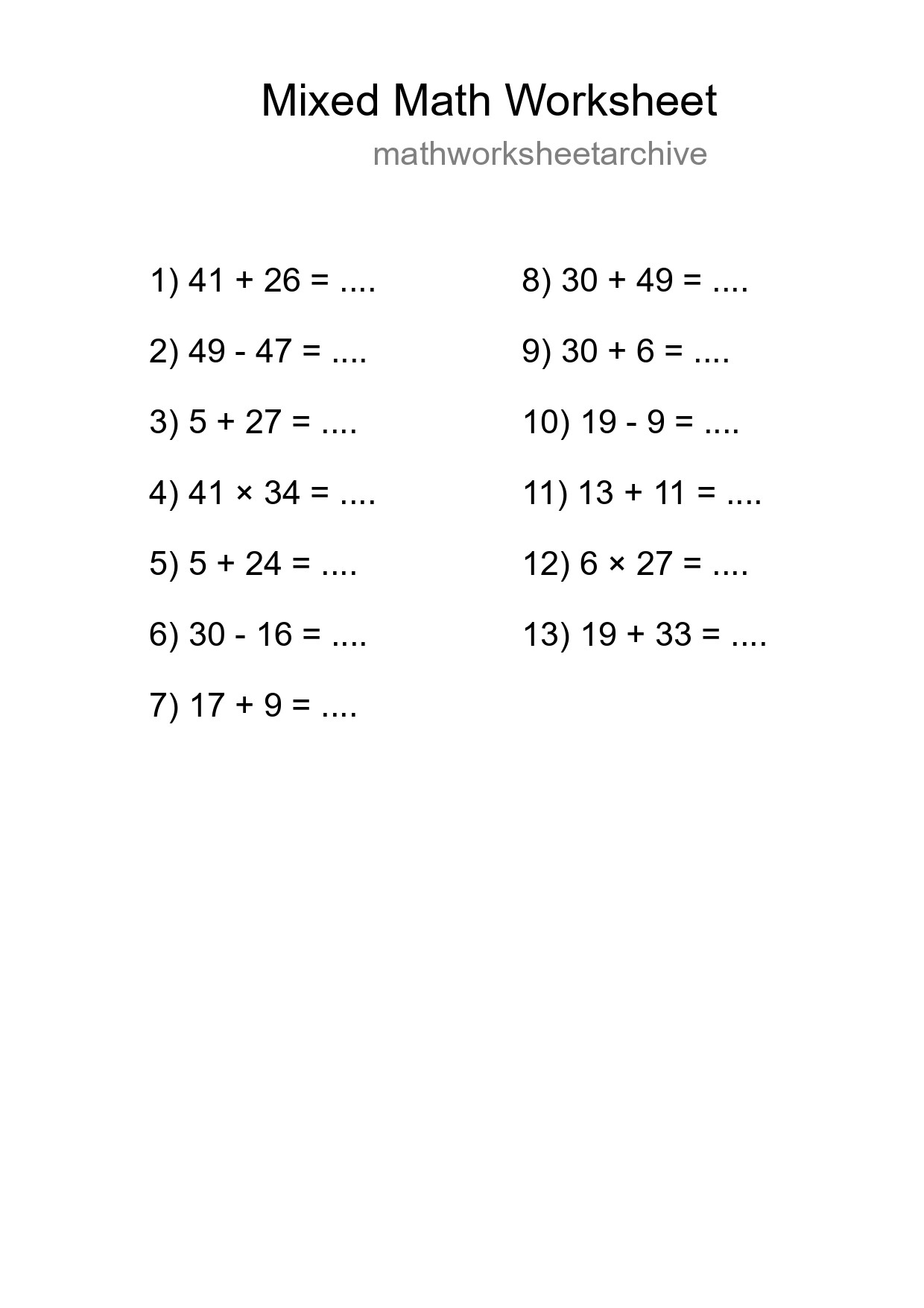Mixed Operations Math Worksheet