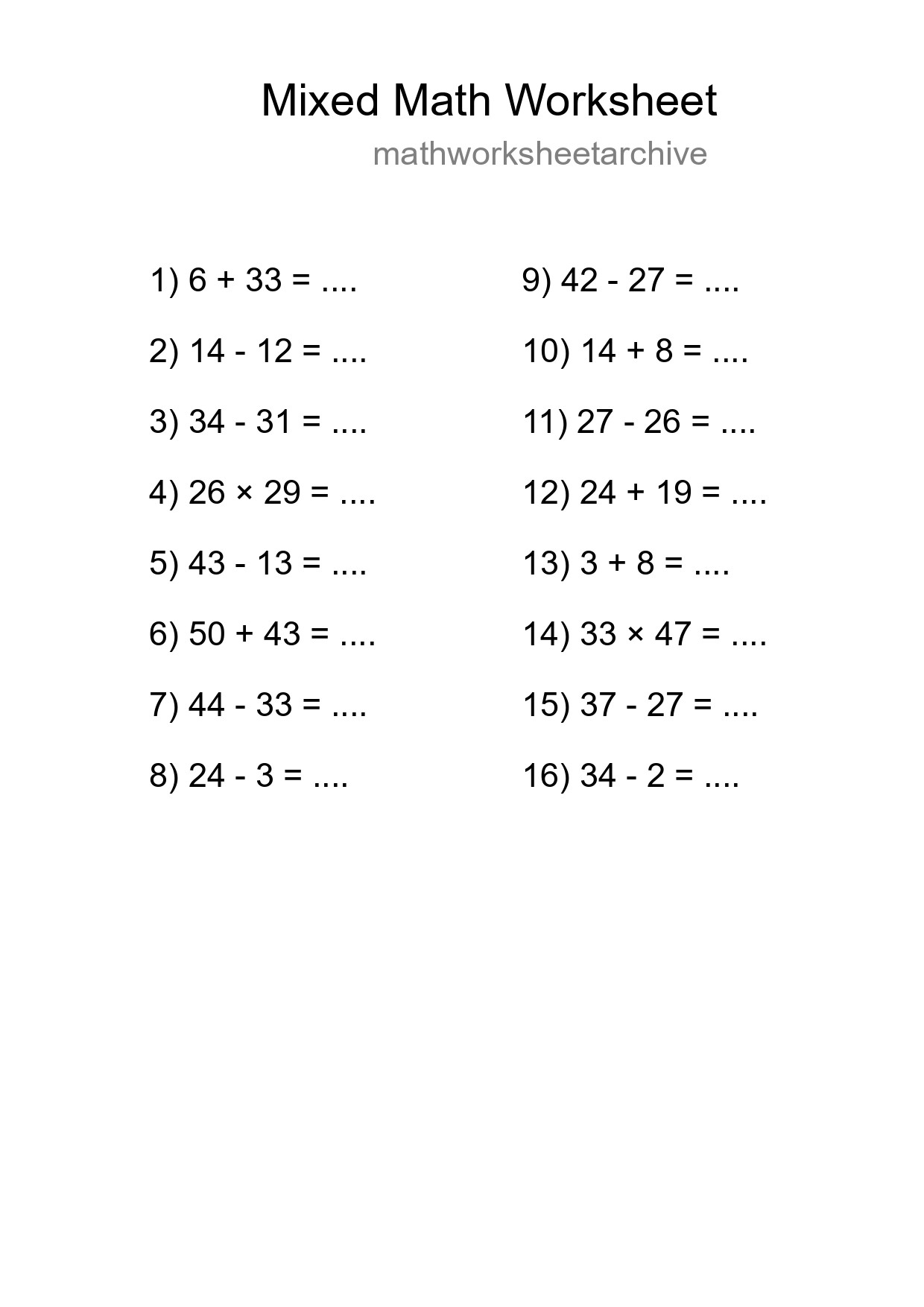 Mixed Operations Math Worksheet