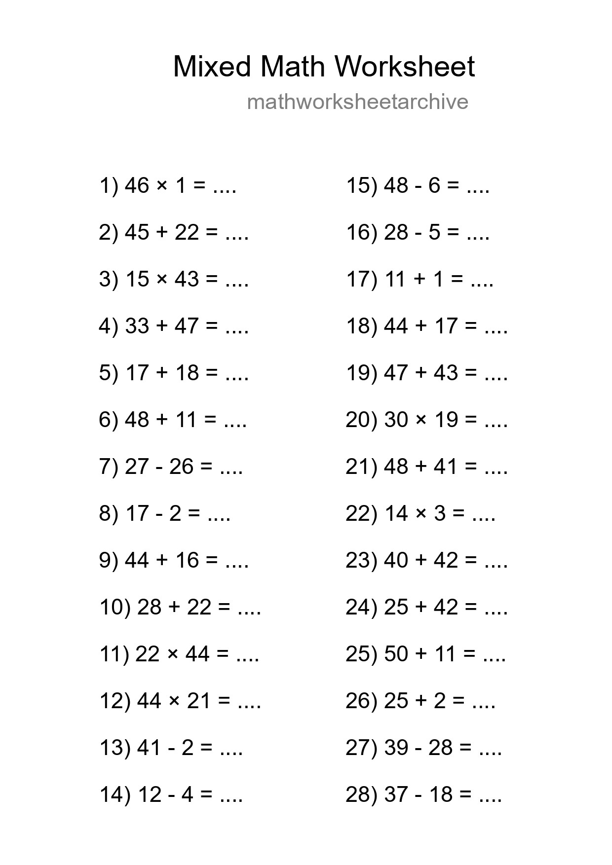Mixed Operations Math Worksheet