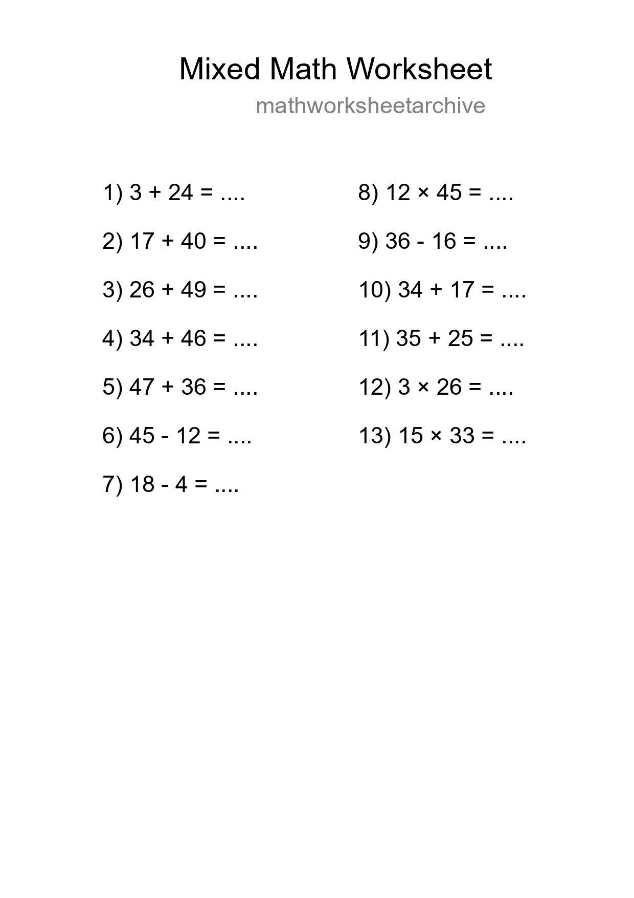 Mixed Operations Math Worksheet