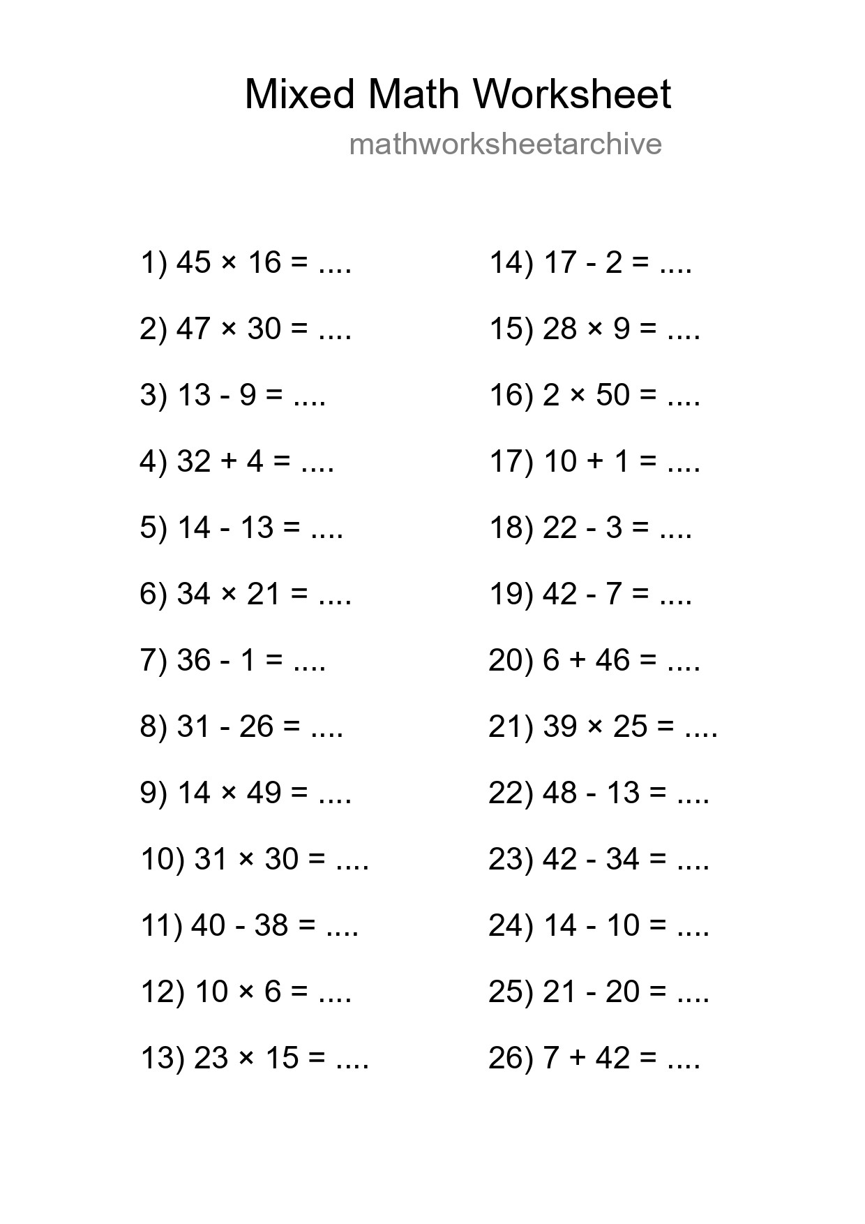Mixed Operations Math Worksheet