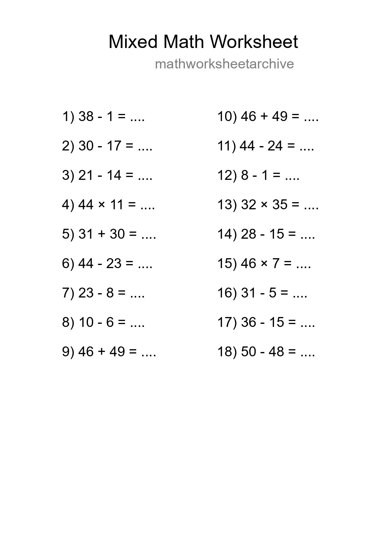 Mixed Operations Math Worksheet