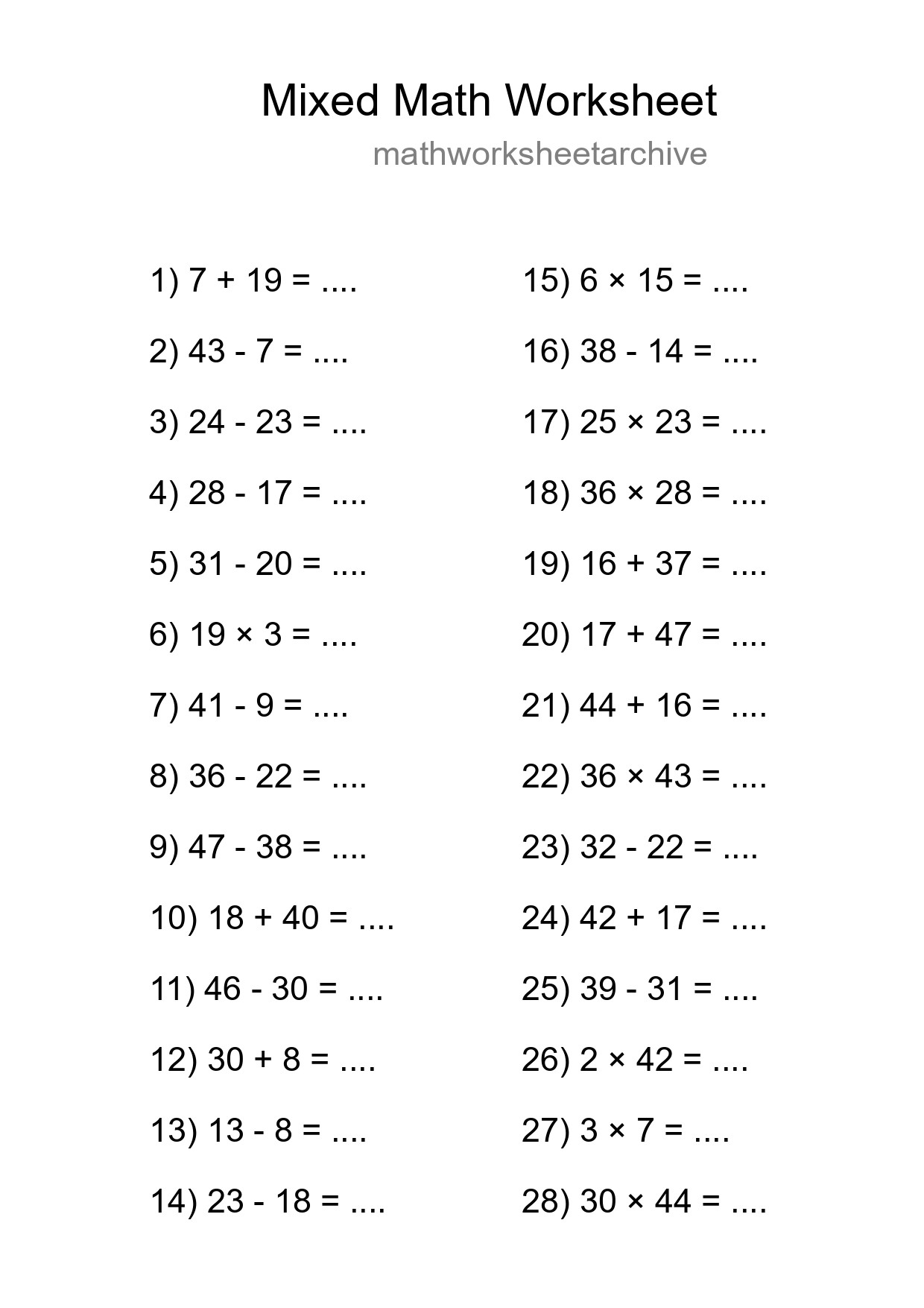 Mixed Operations Math Worksheet