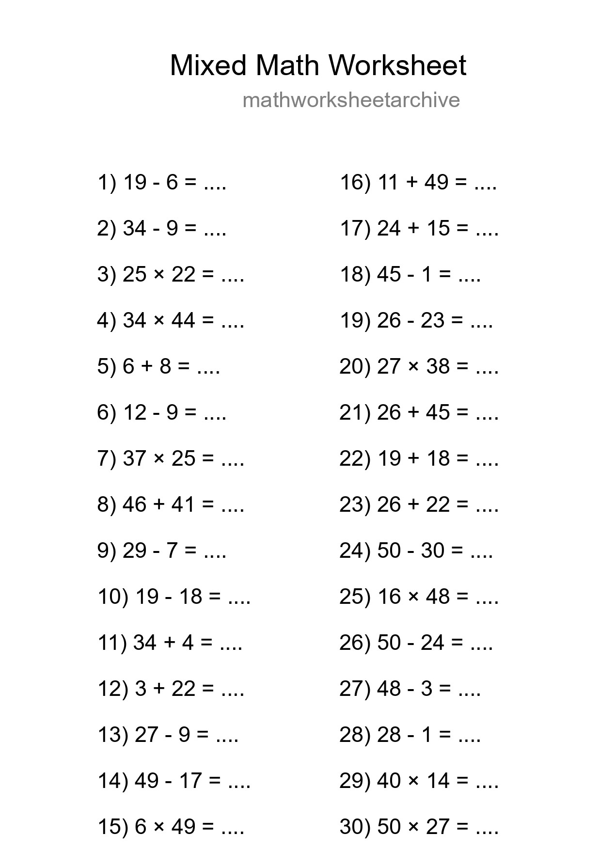 Mixed Operations Math Worksheet