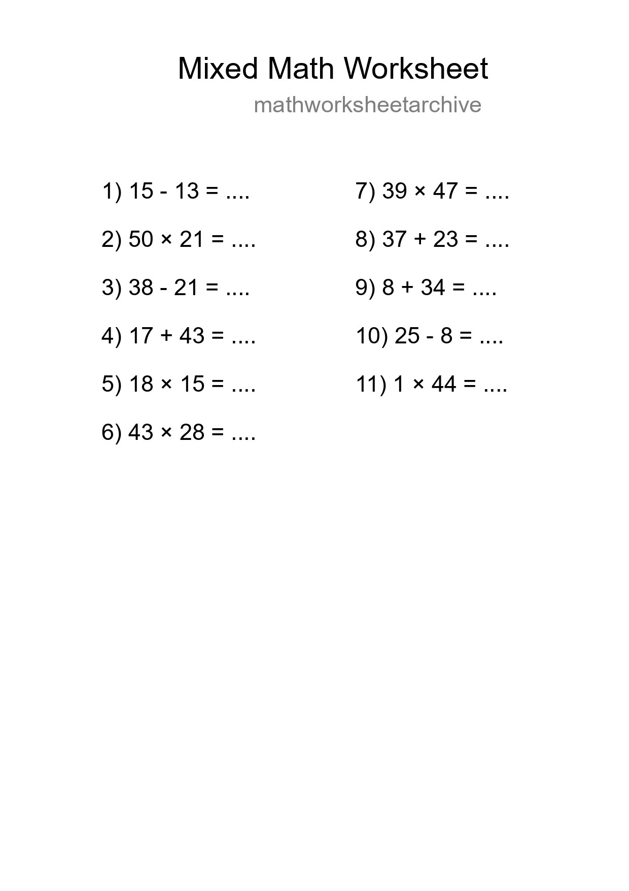 Mixed Operations Math Worksheet