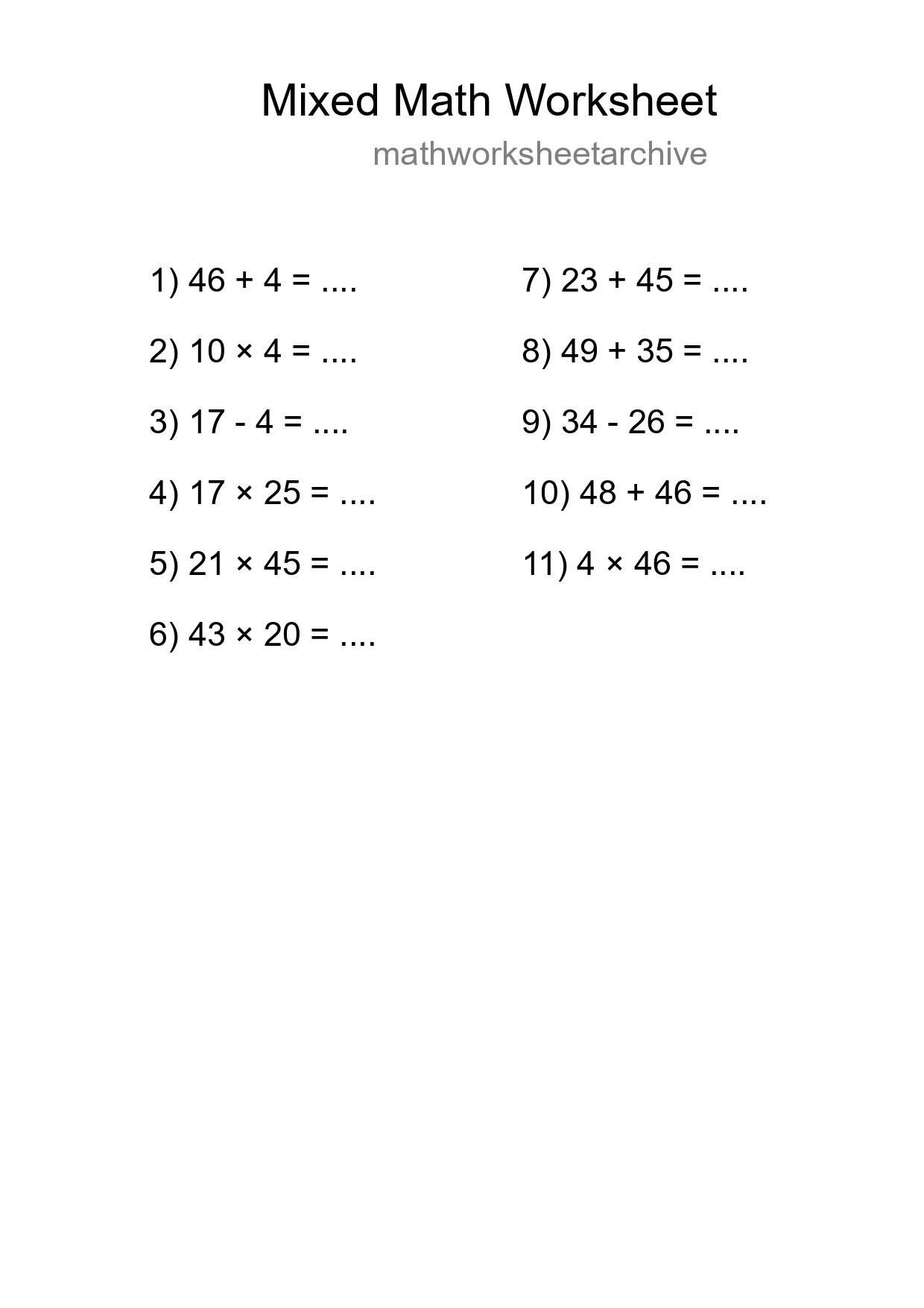 Mixed Operations Math Worksheet