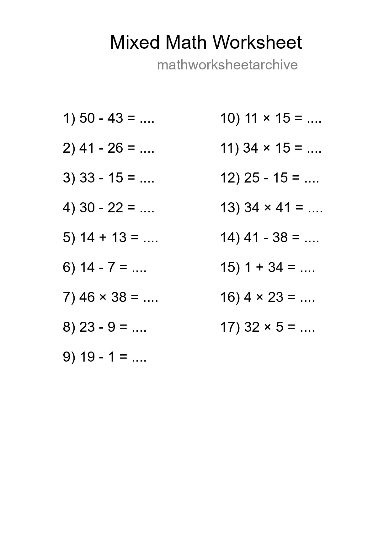 Mixed Operations Math Worksheet
