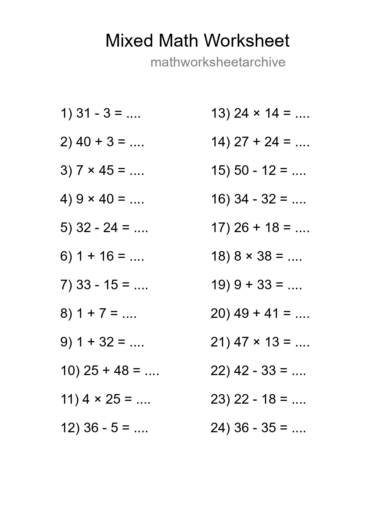 Mixed Operations Math Worksheet