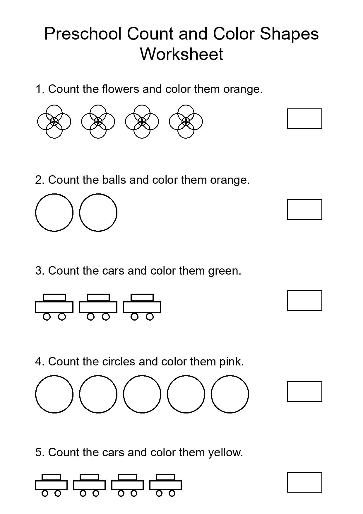 Preschool Count and Color Shapes Worksheet