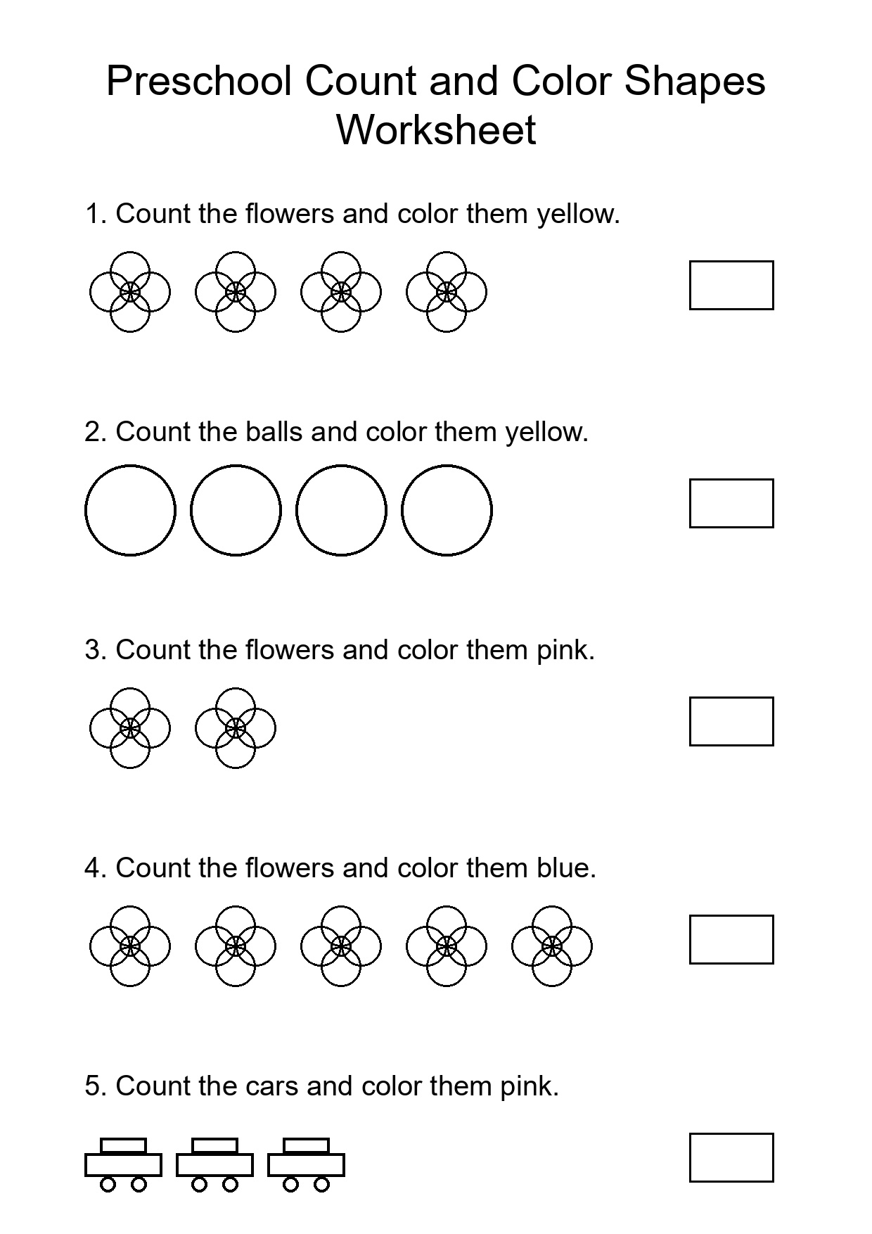 Preschool Count and Color Shapes Worksheet