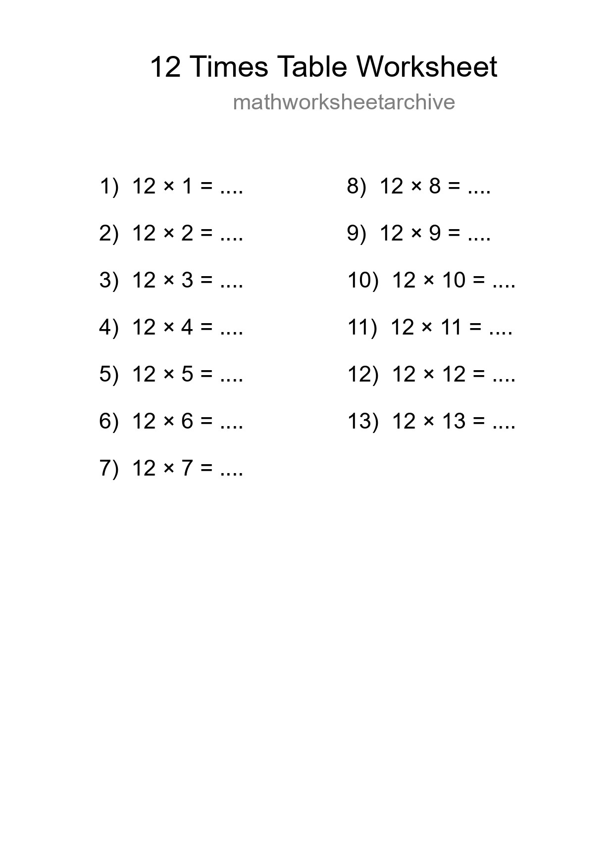 Printable 12 Times Table Worksheet For Grade 4 - Part 99