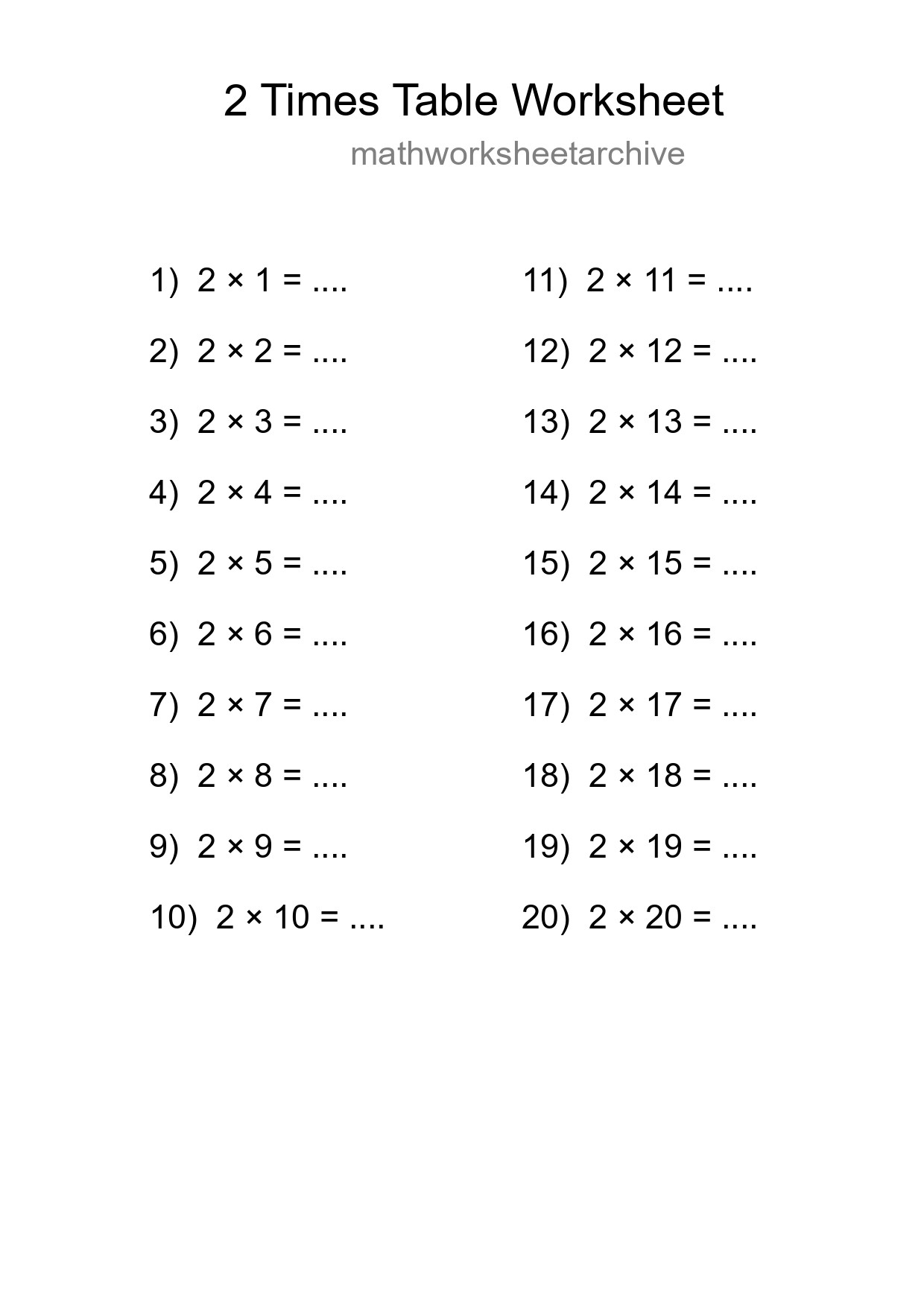 Printable 2 Times Table Worksheet For Grade 2 - Part 269