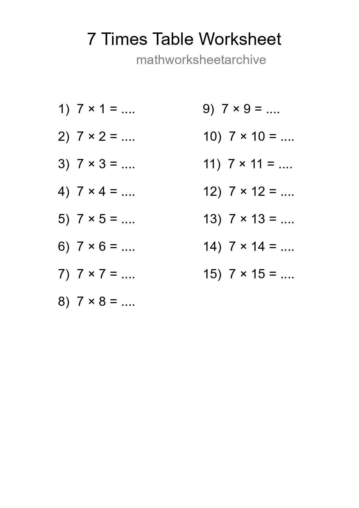 Printable 7 Times Table Worksheet For Grade 3 - Part 159