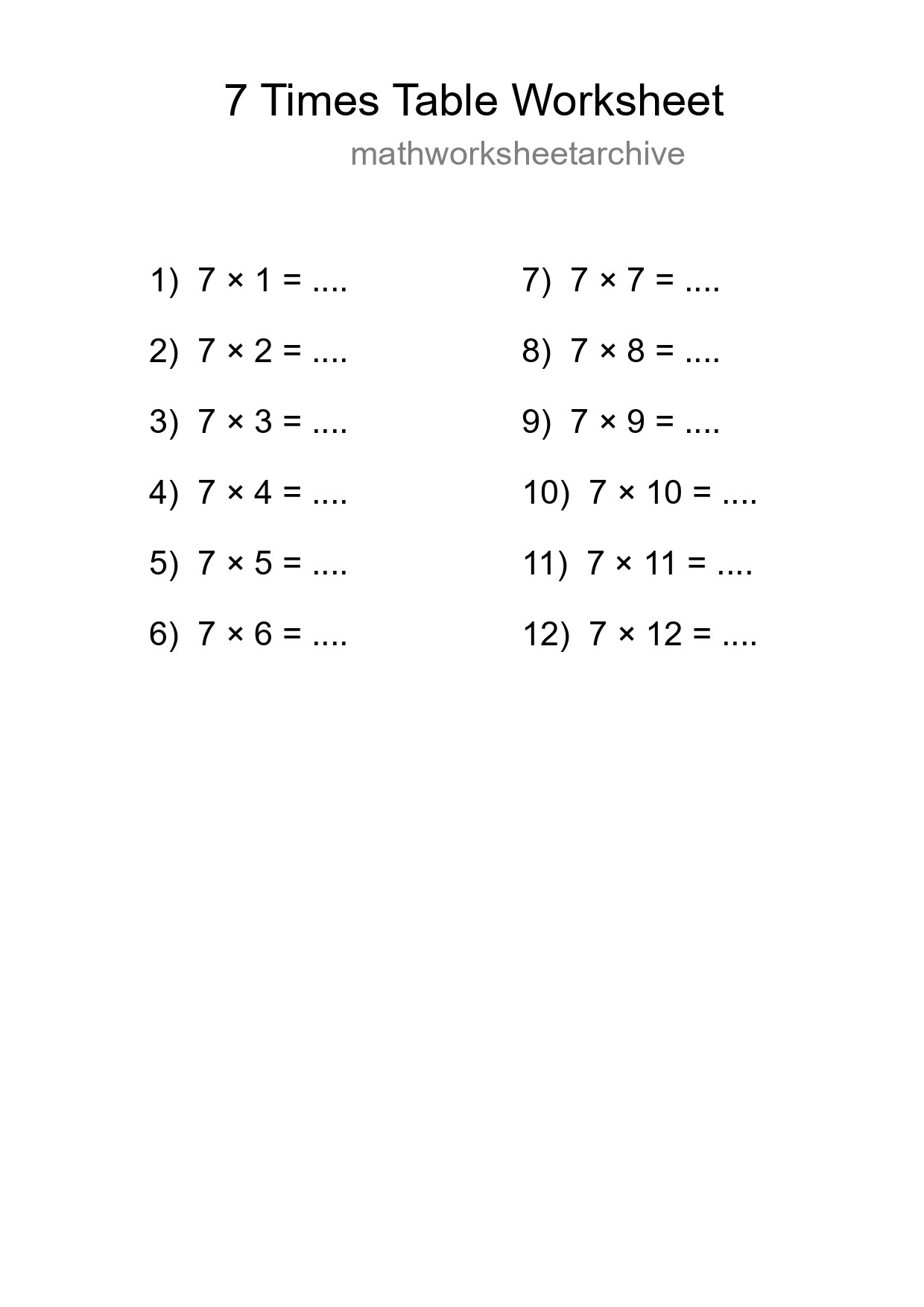 Printable 7 Times Table Worksheet For Grade 3 - Part 79