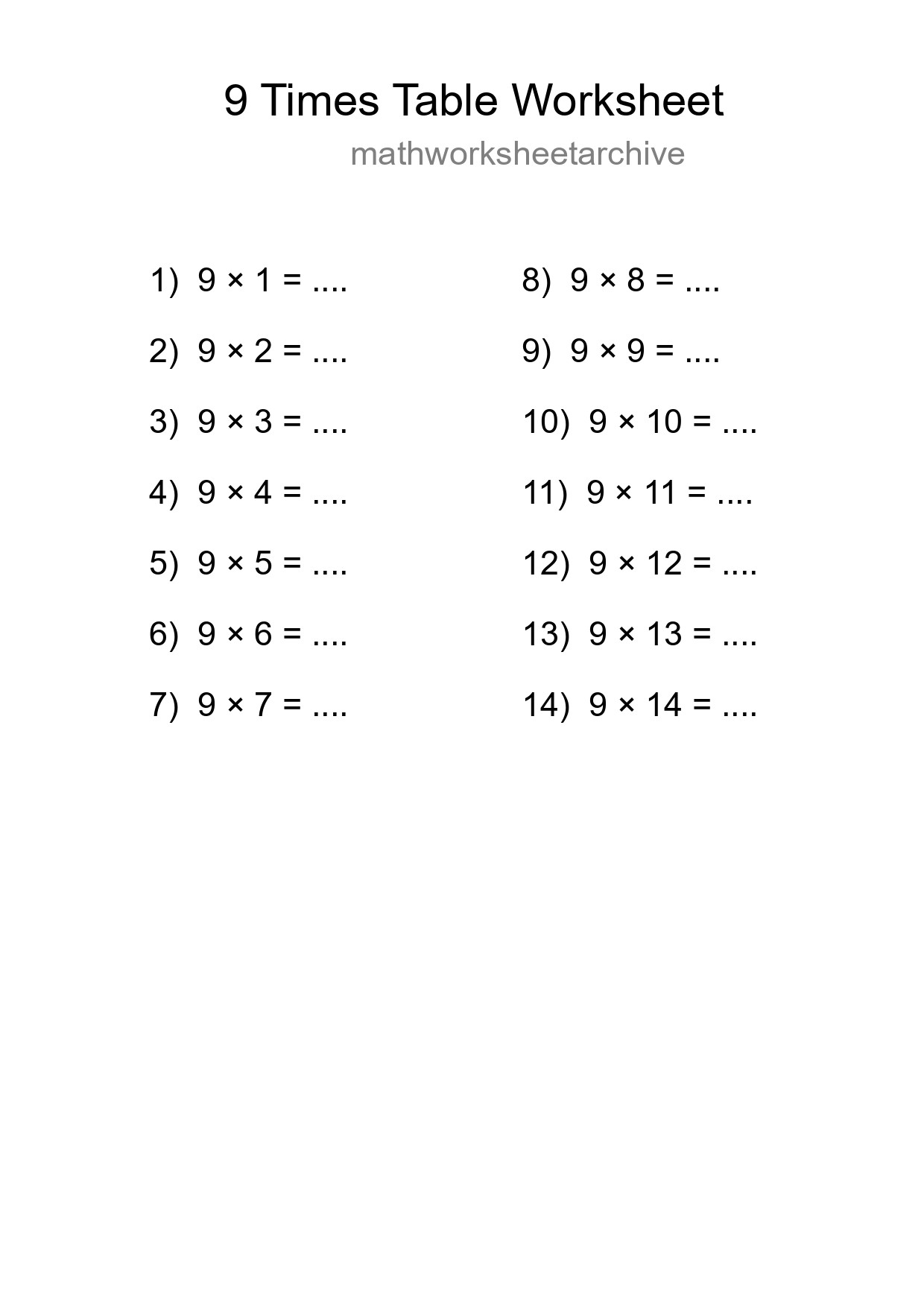 Printable 9 Times Table Worksheet For Grade 3 - Part 69