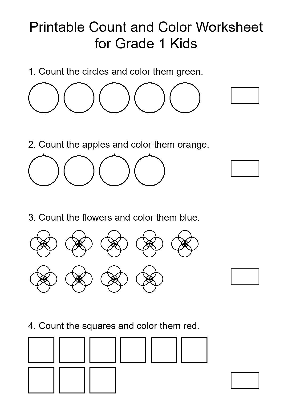 Printable Count and Color Worksheet for Grade 1 Kids