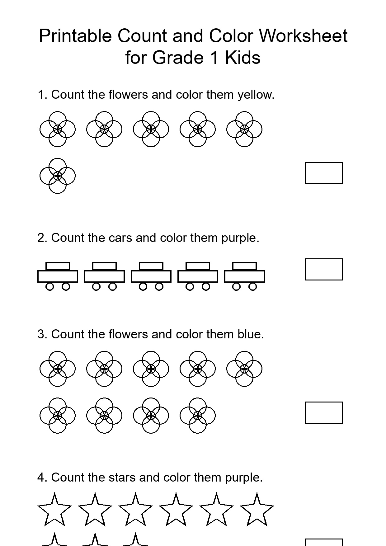 Printable Count and Color Worksheet for Grade 1 Kids
