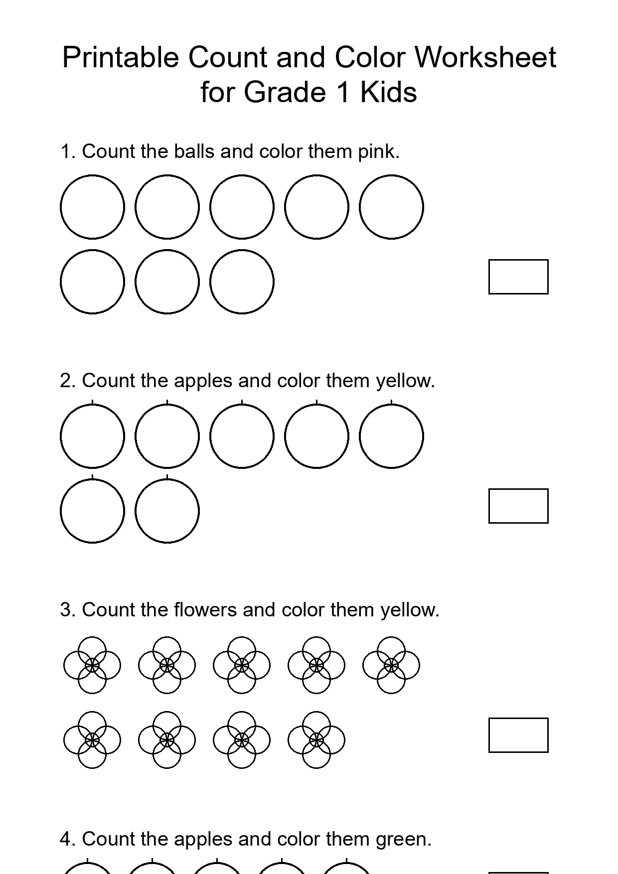 Printable Count and Color Worksheet for Grade 1 Kids