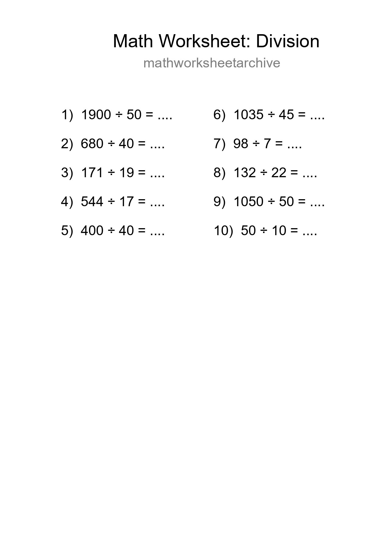 Printable Free 10 Division Math Worksheet For Grade 2 - Part 154
