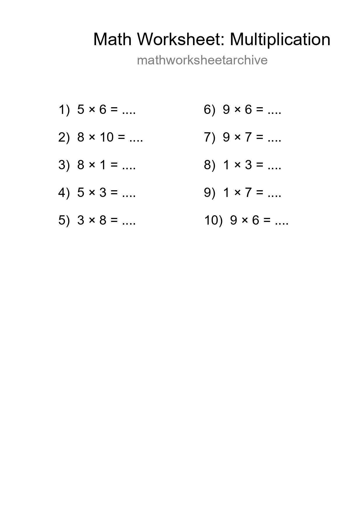 Printable Free 10 Multiplication Math Worksheet For Grade 1 - Part 217