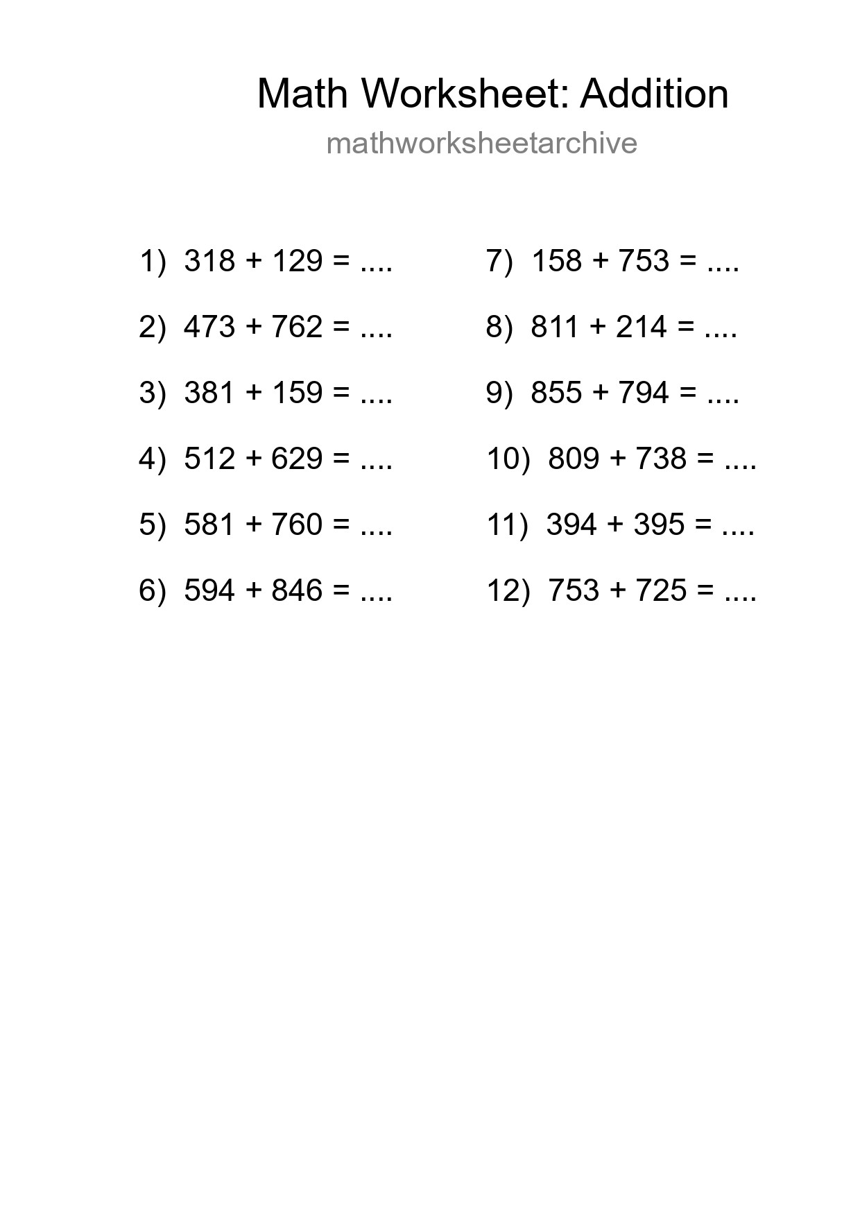 Printable Free 12 Addition Math Worksheet For Grade 5 - Part 211