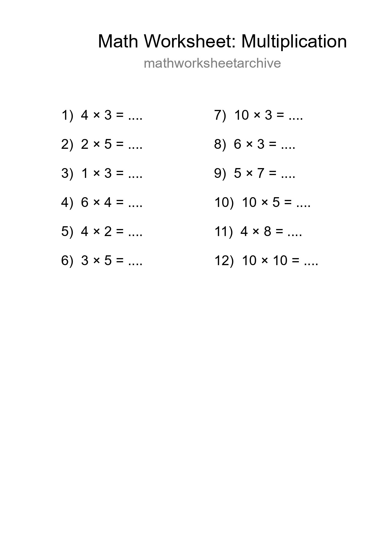 Printable Free 12 Multiplication Math Worksheet For Grade 1 - Part 297