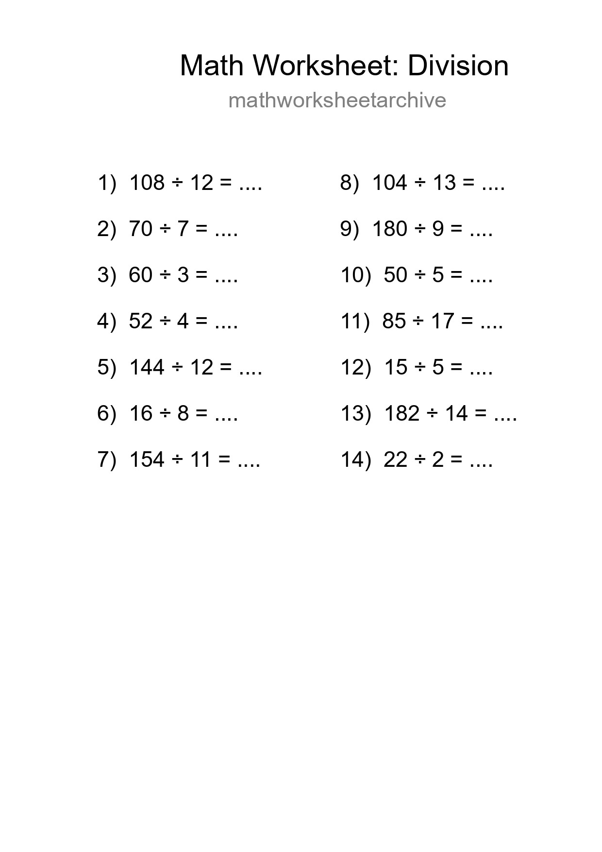 Printable Free 14 Division Math Worksheet For Grade 2 - Part 284