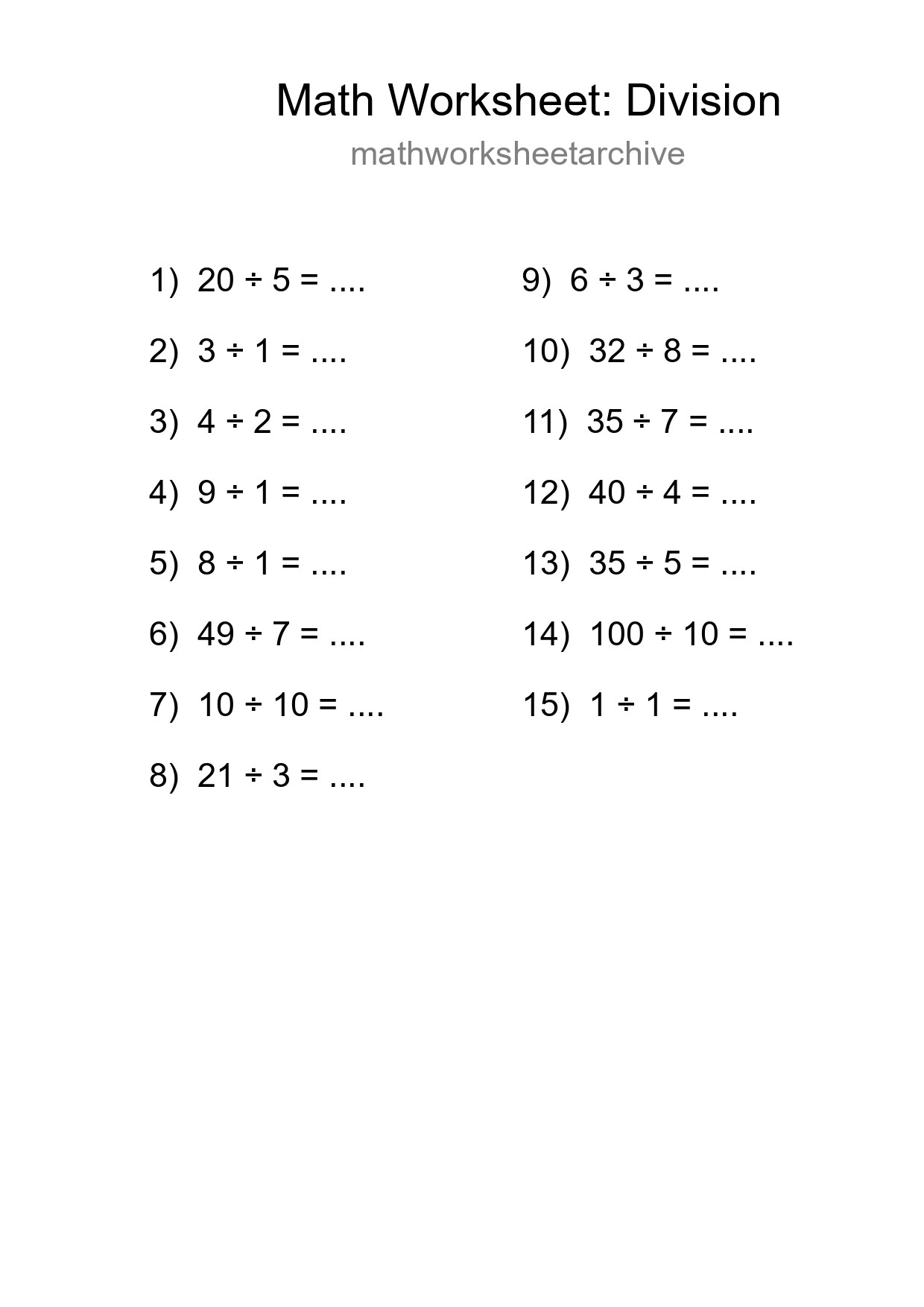 Printable Free 15 Division Math Worksheet For Grade 1 - Part 194