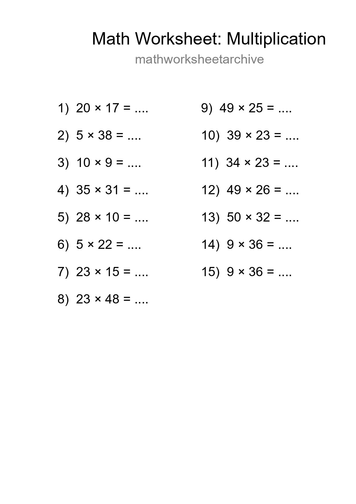 Printable Free 15 Multiplication Math Worksheet For Grade 2 - Part 97