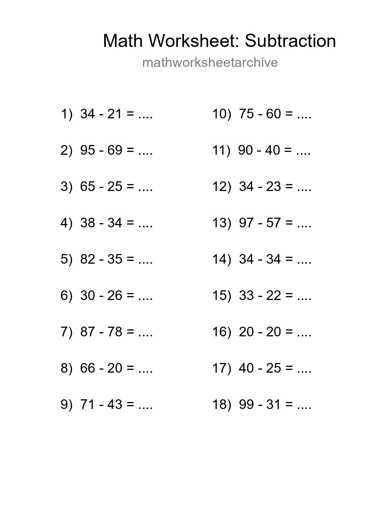 Printable Free 18 Subtraction Math Worksheet For Grade 3 - Part 208