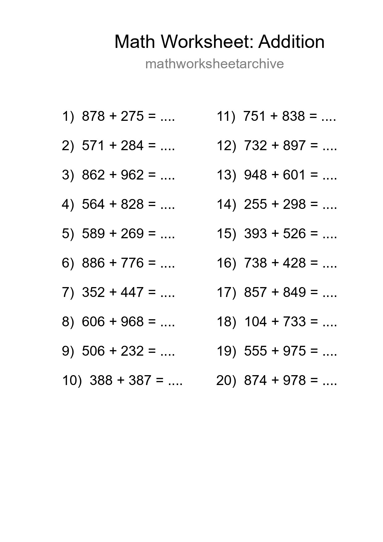 Printable Free 20 Addition Math Worksheet For Grade 5 - Part 291