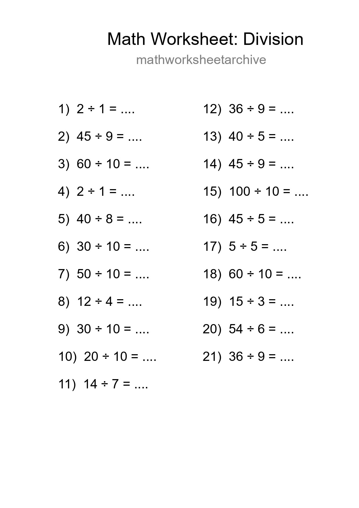 Printable Free 21 Division Math Worksheet For Grade 1 - Part 84
