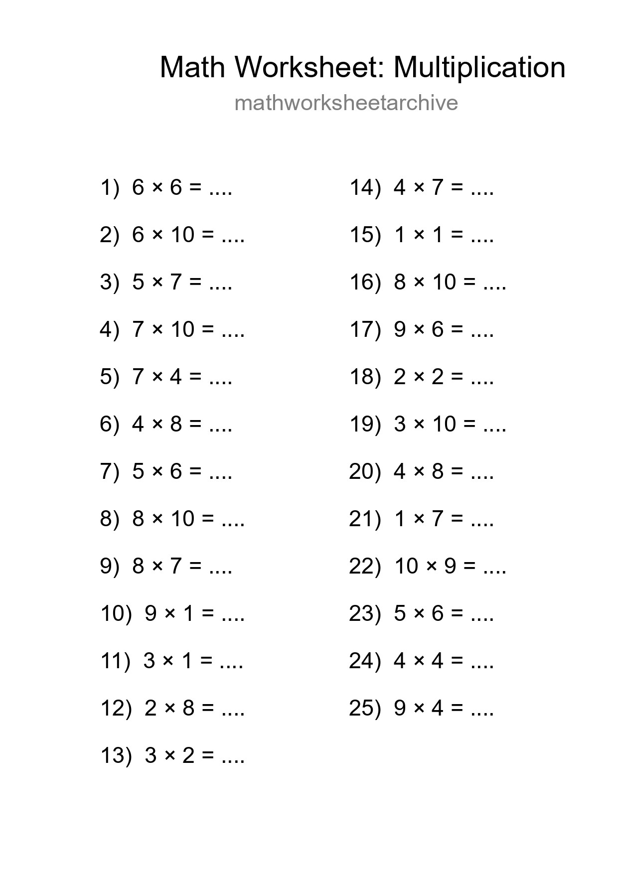 Printable Free 25 Multiplication Math Worksheet For Grade 1 - Part 147
