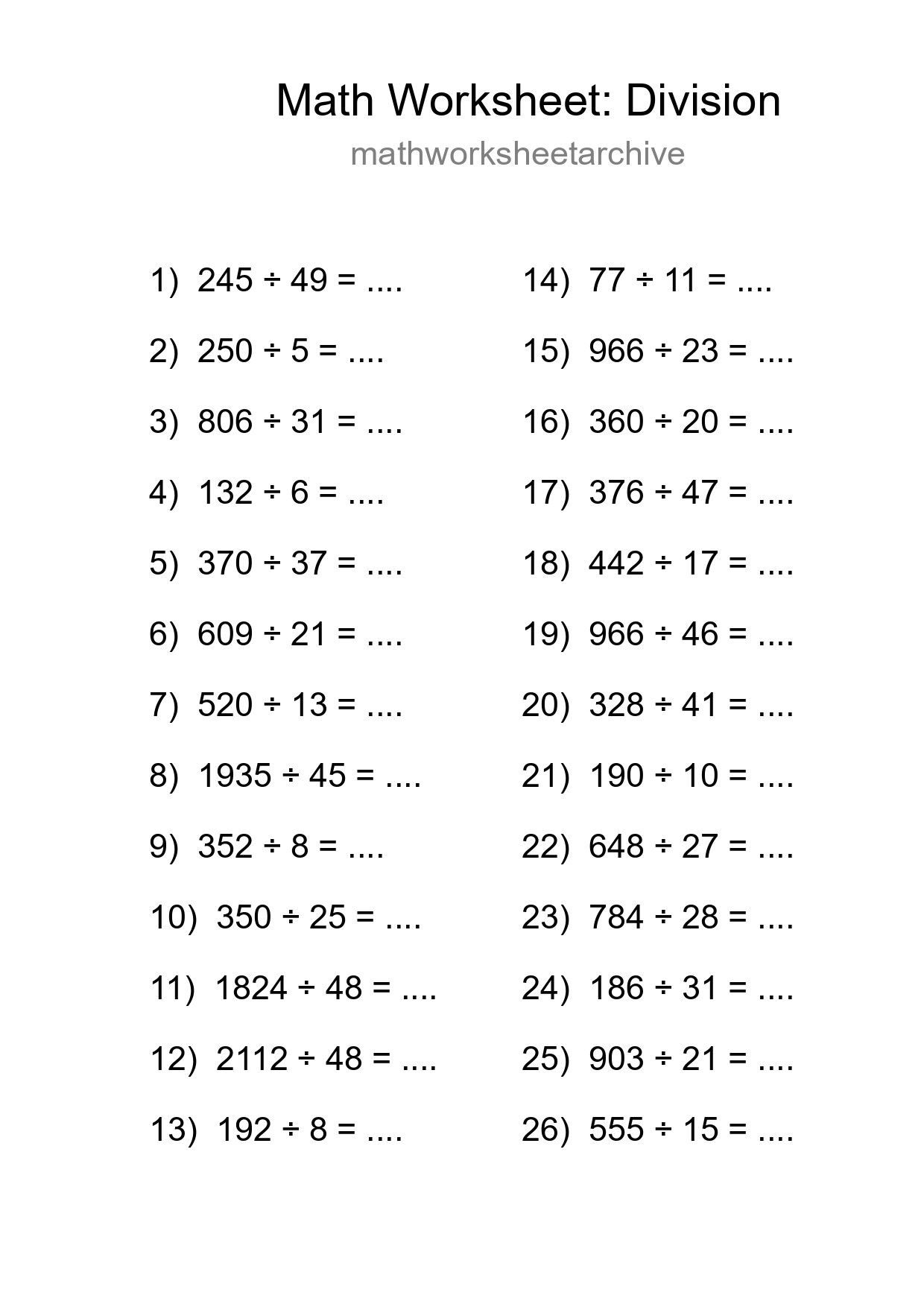 Printable Free 26 Division Math Worksheet For Grade 2 - Part 144