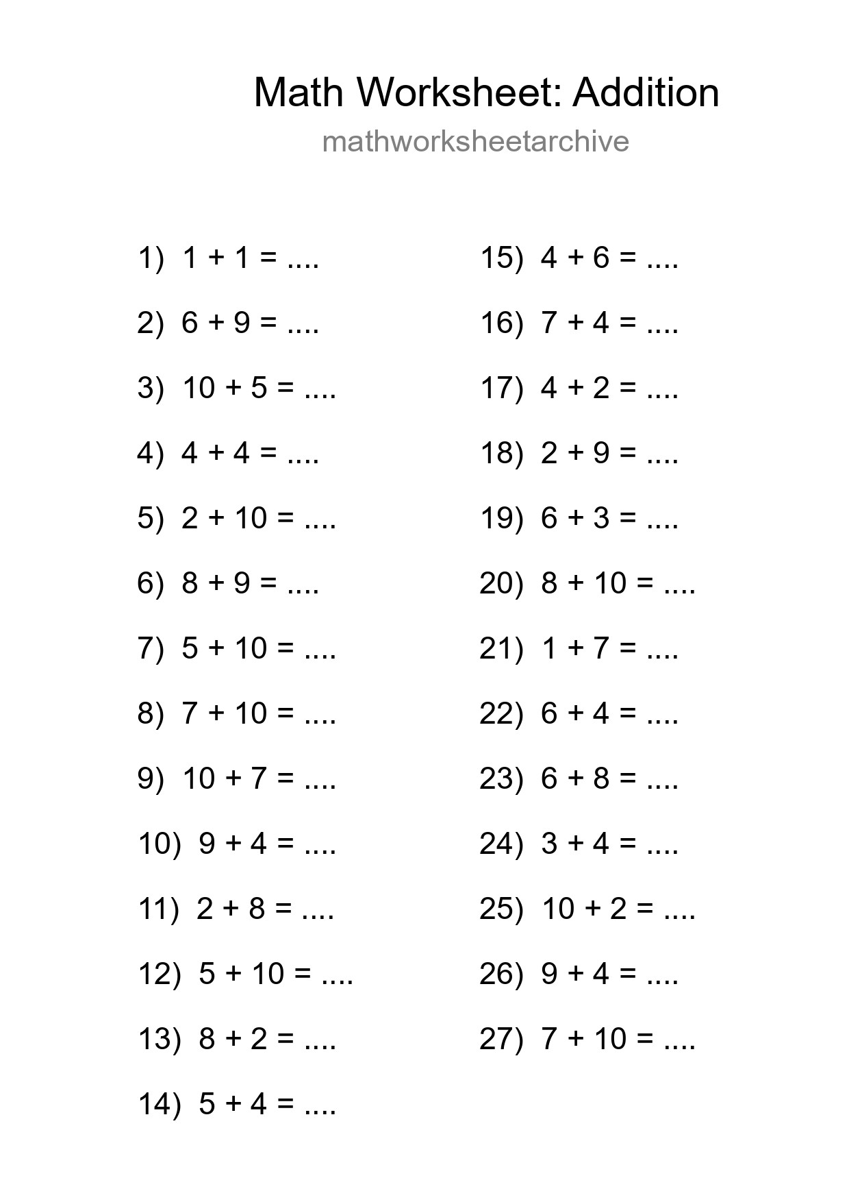 Printable Free 27 Addition Math Worksheet For Grade 1 - Part 11