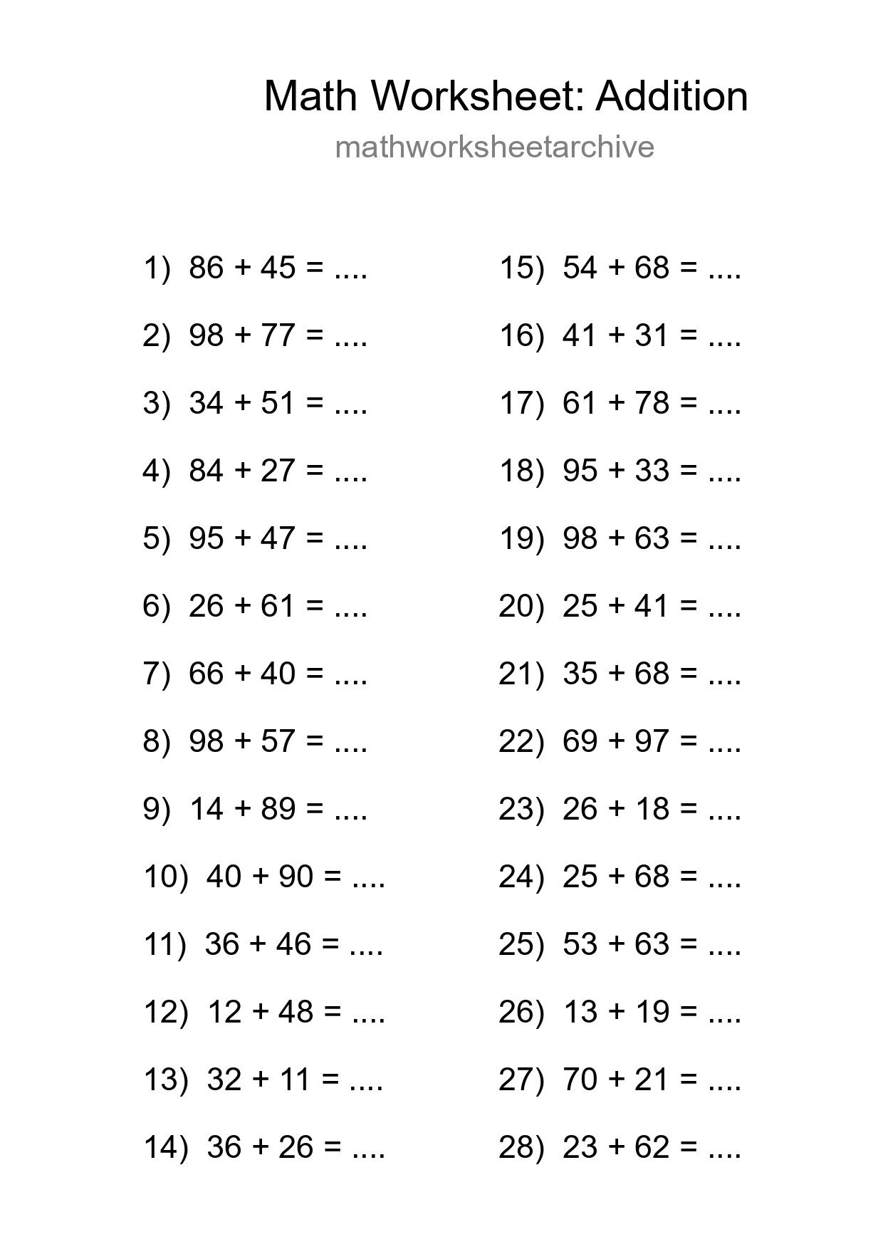Printable Free 28 Addition Math Worksheet For Grade 3 - Part 21