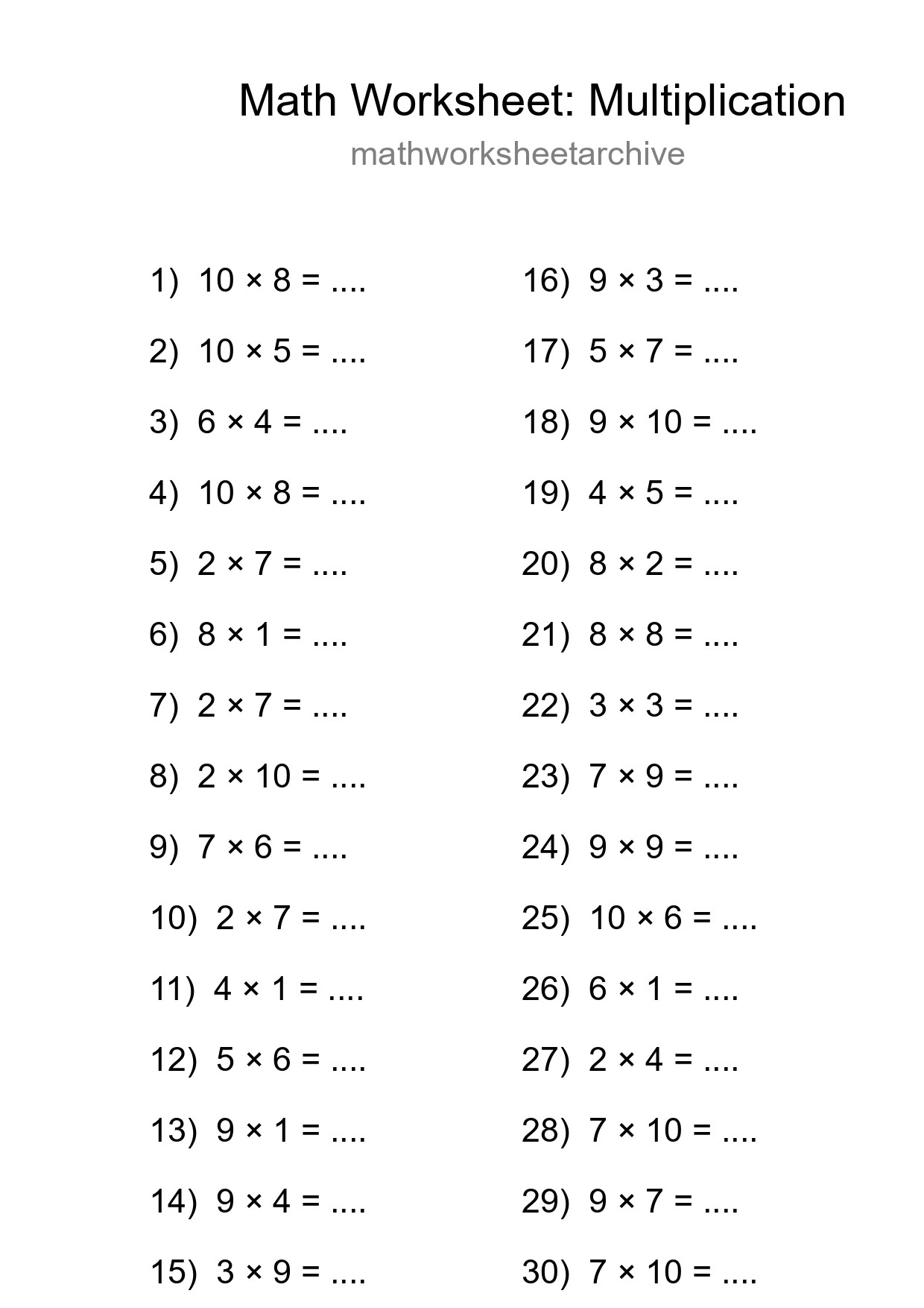 Printable Free 30 Multiplication Math Worksheet For Grade 1 - Part 207