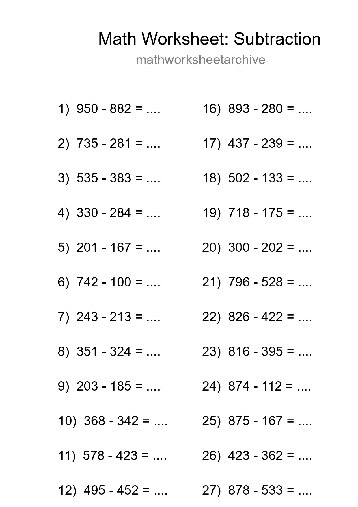 Printable Free 30 Subtraction Math Worksheet For Grade 5 - Part 188